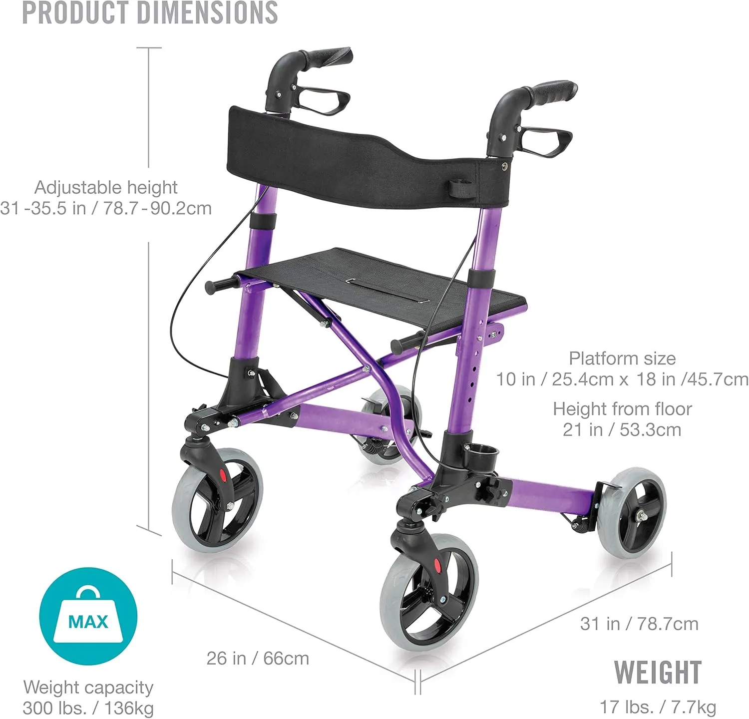 HealthSmart Walker Rollator with Seat and Backrest, FSA HSA Eligible, Adjustable Handle Height, Storage Bag and a Durable Lightweight Frame That Easily Folds While Supporting up to 300 pounds