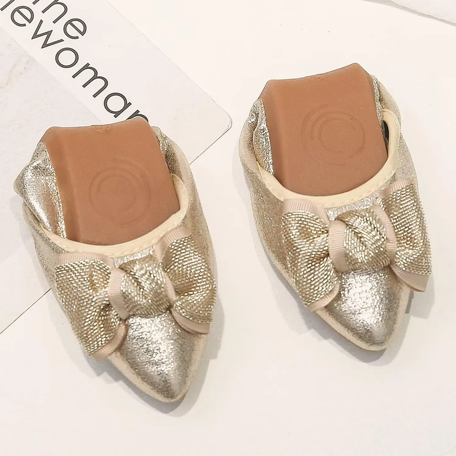 Hee grand Women Foldable Ballet Flats Bling Rhinestones Soft Leather Pointy Toe Flats Sparkle Wedding Dress Shoes Comfort Slip on Loafers Big Size