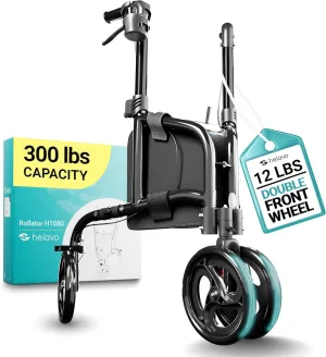 Helavo 3 Wheel Rollator Walker for Seniors, 3 x More Stable, 8" Wheels - Ultra Lightweight Foldable Narrow Walker for Small Spaces, Aluminum Three Wheel Mobility Aid for Indoors and Outdoors