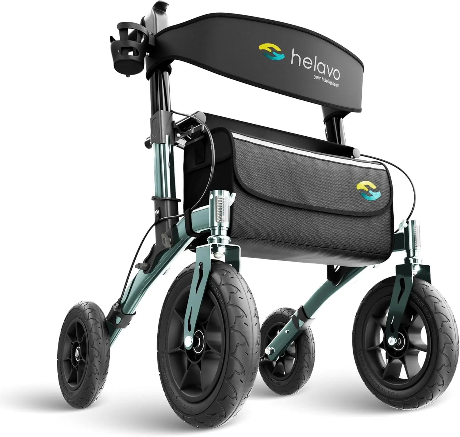 Helavo All Terrain Walker Rollator with 12” Pneumatic Tires – Foldable Outdoor Walkers for Seniors with Seat, Lightweight & Adjustable Height, Shock-Absorbing for Comfort on Any Surface