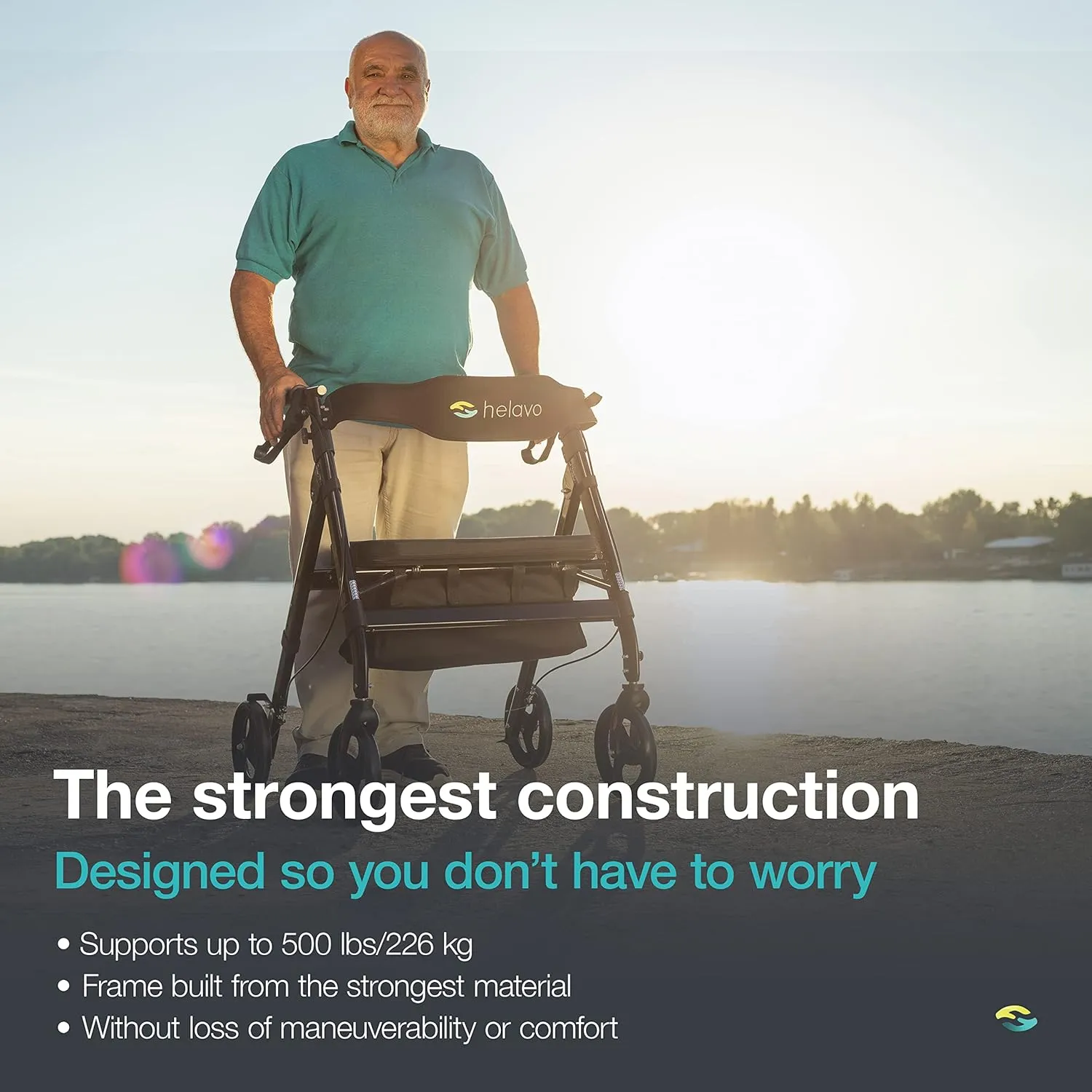 Helavo Bariatric Walker with Large, Height-Adjustable Seat, 500 lbs Weight Capacity, All Terrain 8-inch Wheels, 28-inch Wide - Extra Wide Heavy Duty Rollator for Seniors