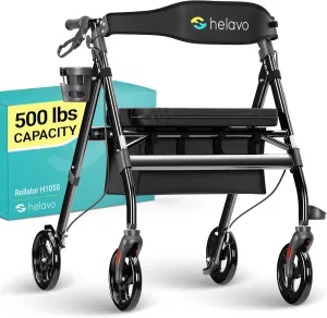 Helavo Bariatric Walker with Large, Height-Adjustable Seat, 500 lbs Weight Capacity, All Terrain 8-inch Wheels, 28-inch Wide - Extra Wide Heavy Duty Rollator for Seniors