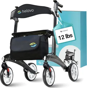 Helavo Carbon Ultralight Rollator Walker, 4 Wheel Walker with Seat and Brakes, 300 lbs Capacity, Lightweight (12.3 lbs), 8" Wheels, Height Adjustable Folding Rollator, Black