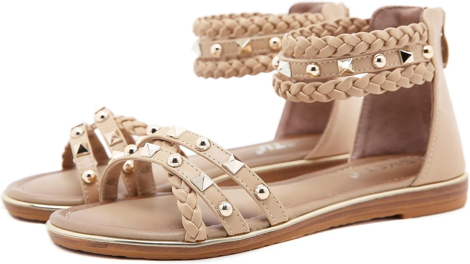 HNGHOU Women's Travel Flat Sandals Summer Casual Rhinestone Roman Flat Sandals Summer Shoes