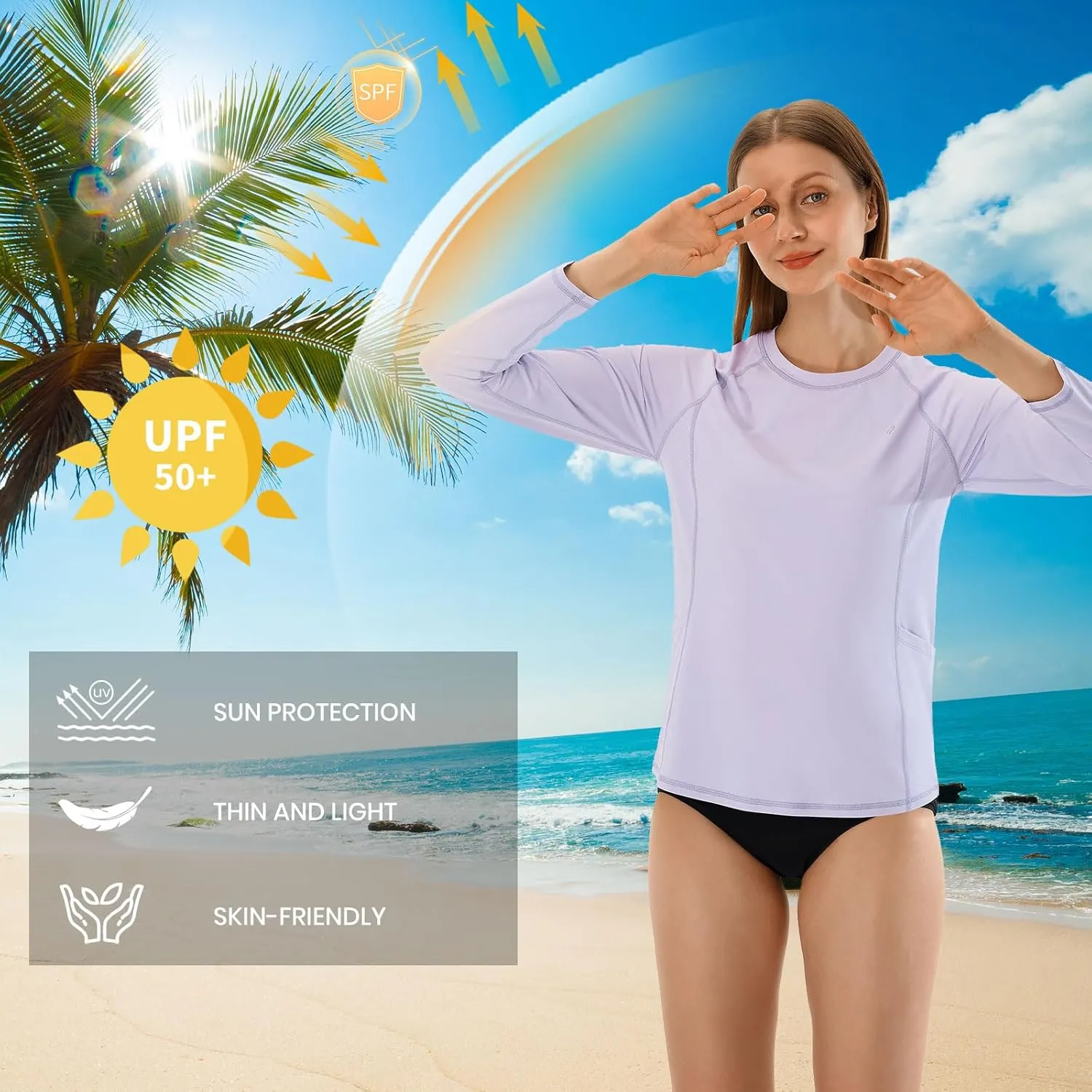 HODOSPORTS Rash Guard for Women UPF 50  Swim Shirt with Pockets Sun Protection Shirts Lightweight Long Sleeve