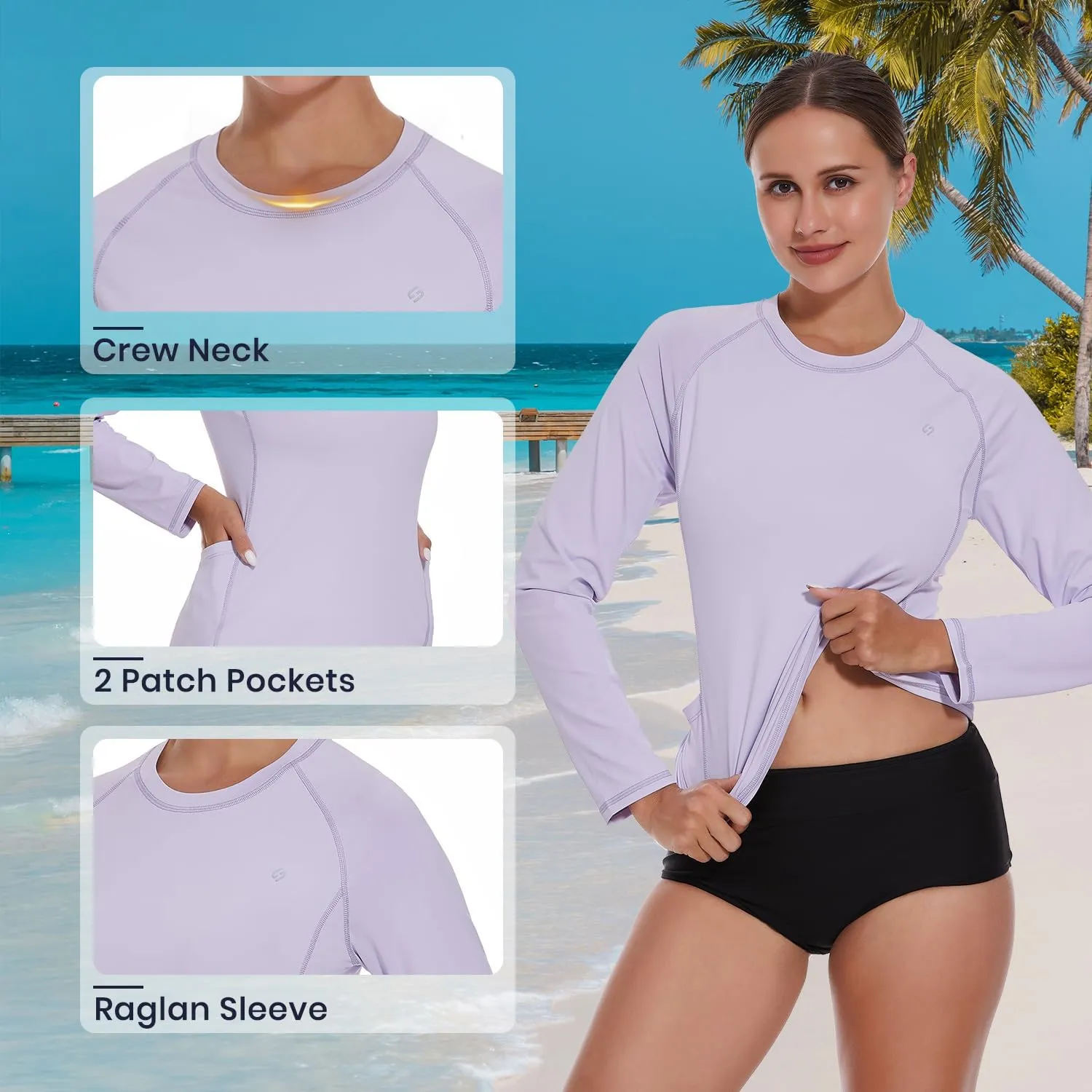 HODOSPORTS Rash Guard for Women UPF 50  Swim Shirt with Pockets Sun Protection Shirts Lightweight Long Sleeve