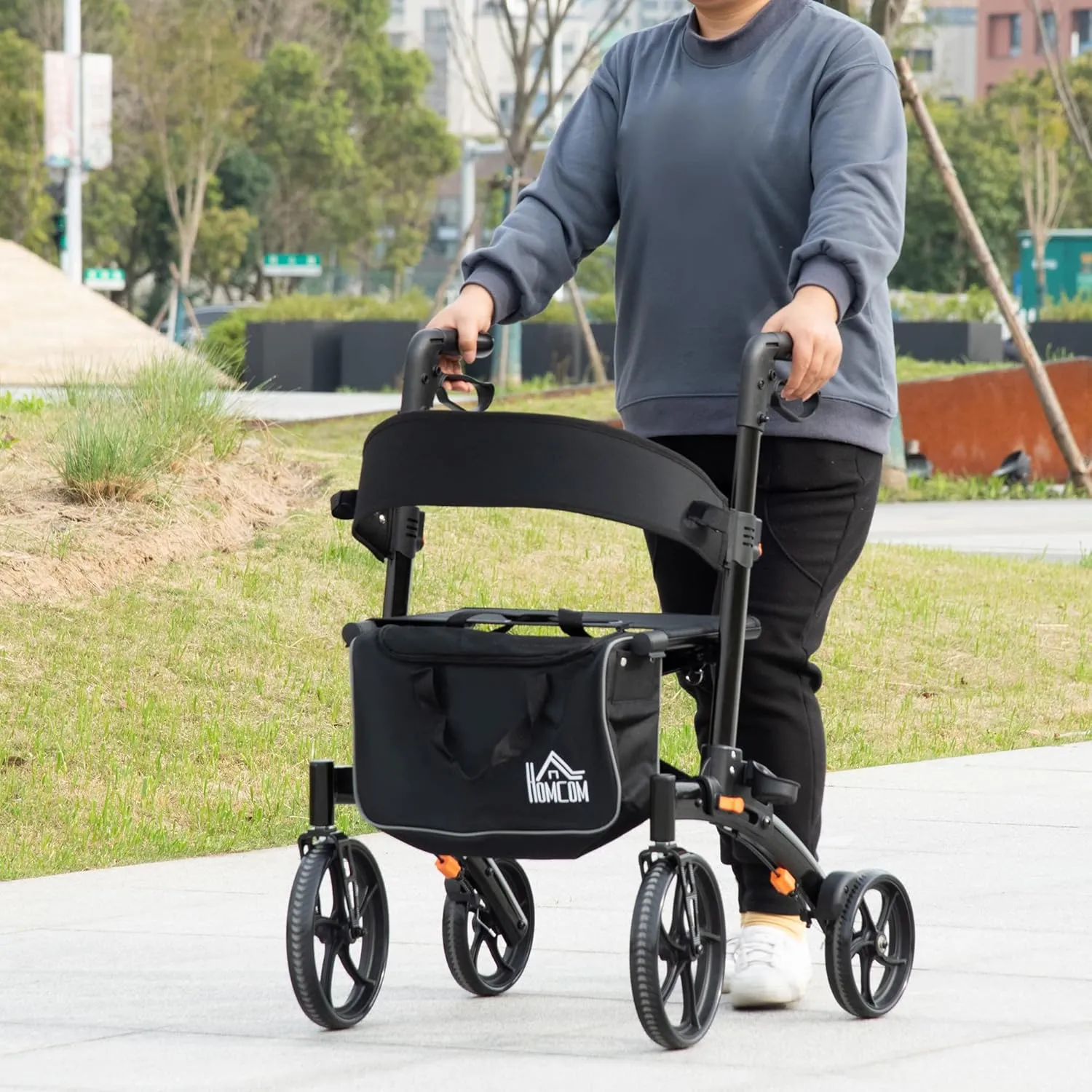 HOMCOM Aluminum Rollator Walker for Seniors and Adults with 10'' Wheels, Seat and Backrest, Folding Rolling Walker with Adjustable Handle Height and Storage Bag, Support up to 300lbs, Black