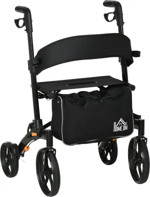 HOMCOM Aluminum Rollator Walker for Seniors and Adults with 10'' Wheels, Seat and Backrest, Folding Rolling Walker with Adjustable Handle Height and Storage Bag, Support up to 300lbs, Black