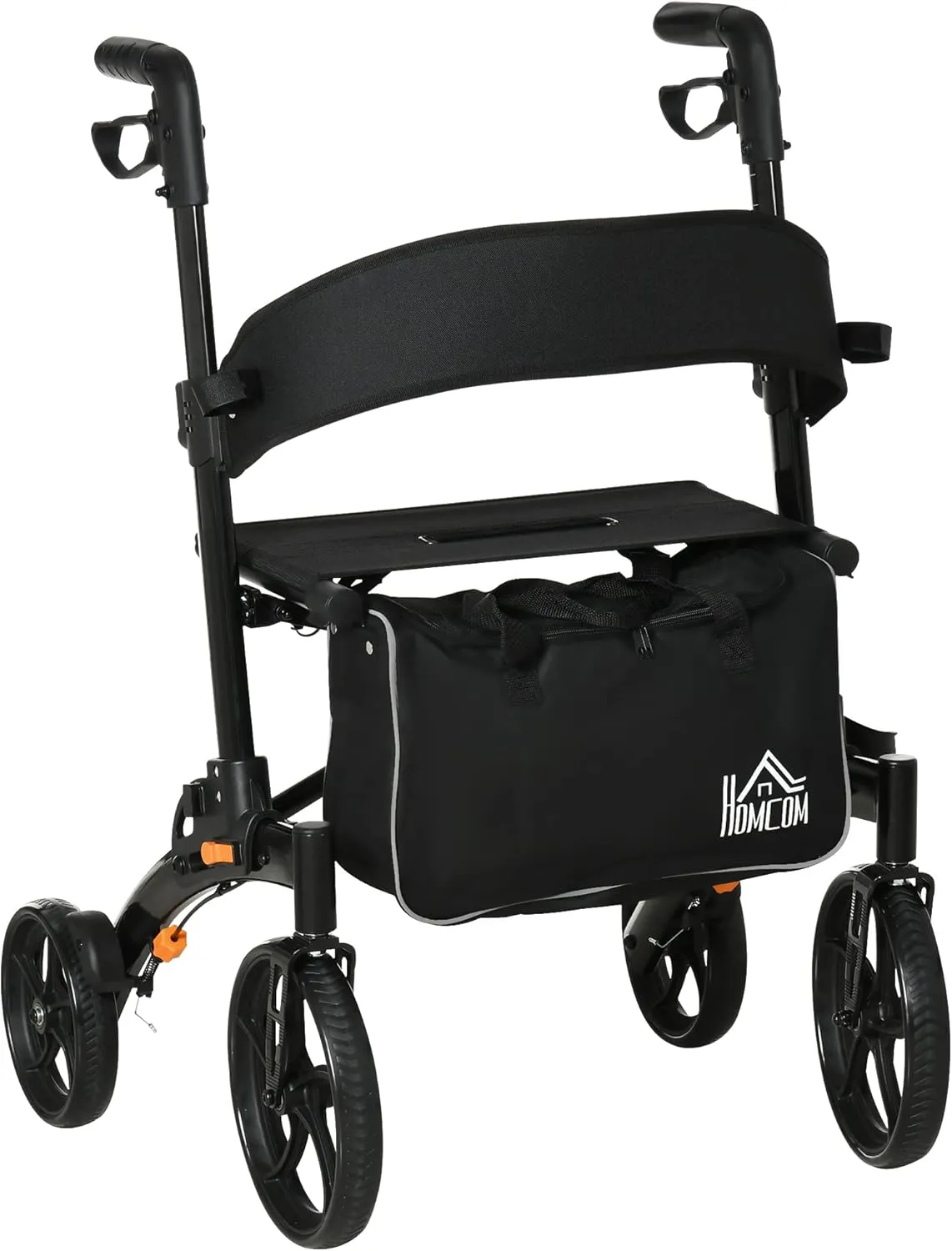 HOMCOM Aluminum Rollator Walker for Seniors and Adults with 10'' Wheels, Seat and Backrest, Folding Rolling Walker with Adjustable Handle Height and Storage Bag, Support up to 300lbs, Black
