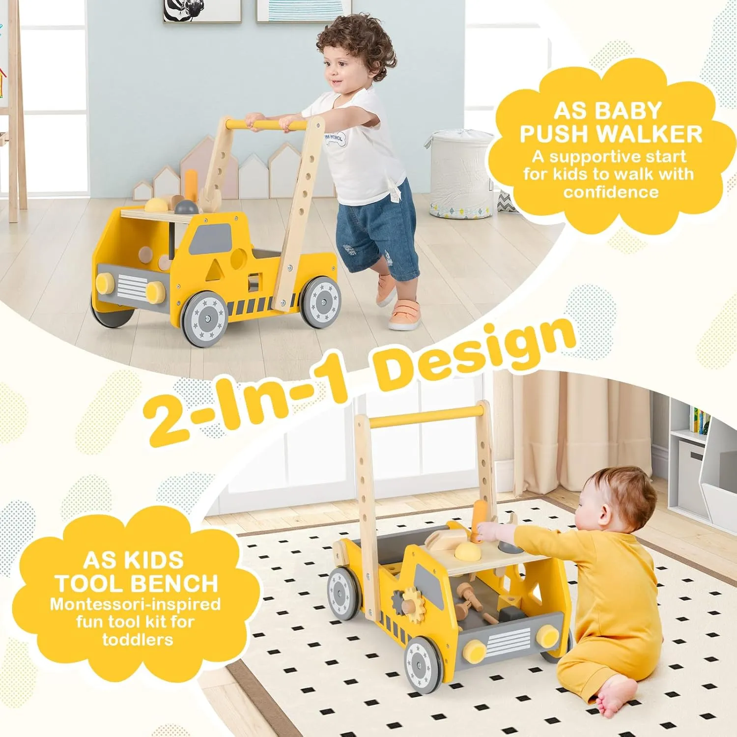 HONEY JOY Baby Push Walker, Adjustable Speed Baby Walker, Wooden Toy Tool Bench & Car Walker w/Shape Sorter, Develop Motor Skills & Creativity, Push Toys for Babies Learning to Walk, Gift, Yellow