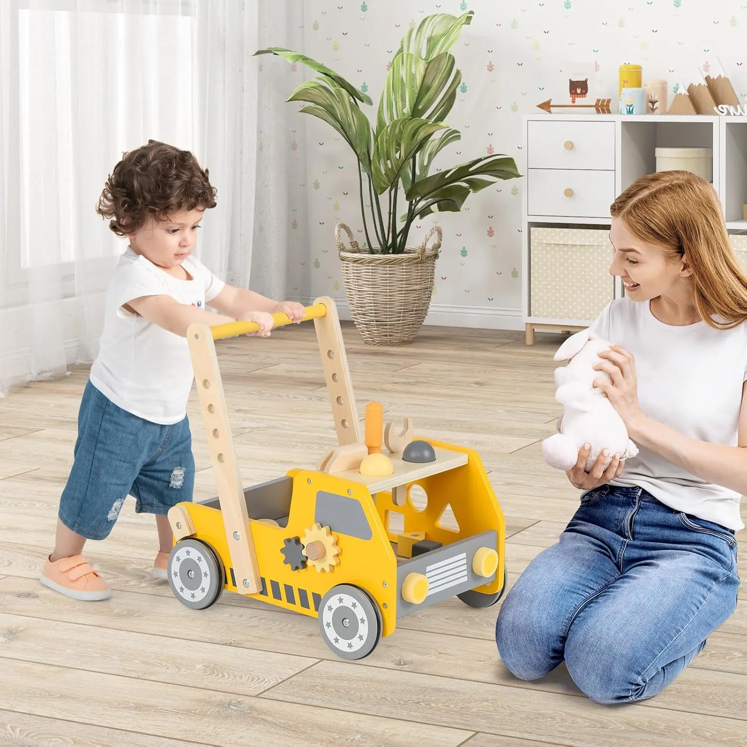 HONEY JOY Baby Push Walker, Adjustable Speed Baby Walker, Wooden Toy Tool Bench & Car Walker w/Shape Sorter, Develop Motor Skills & Creativity, Push Toys for Babies Learning to Walk, Gift, Yellow
