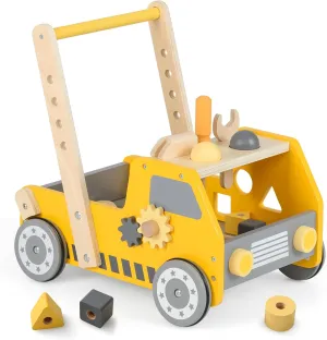 HONEY JOY Baby Push Walker, Adjustable Speed Baby Walker, Wooden Toy Tool Bench & Car Walker w/Shape Sorter, Develop Motor Skills & Creativity, Push Toys for Babies Learning to Walk, Gift, Yellow
