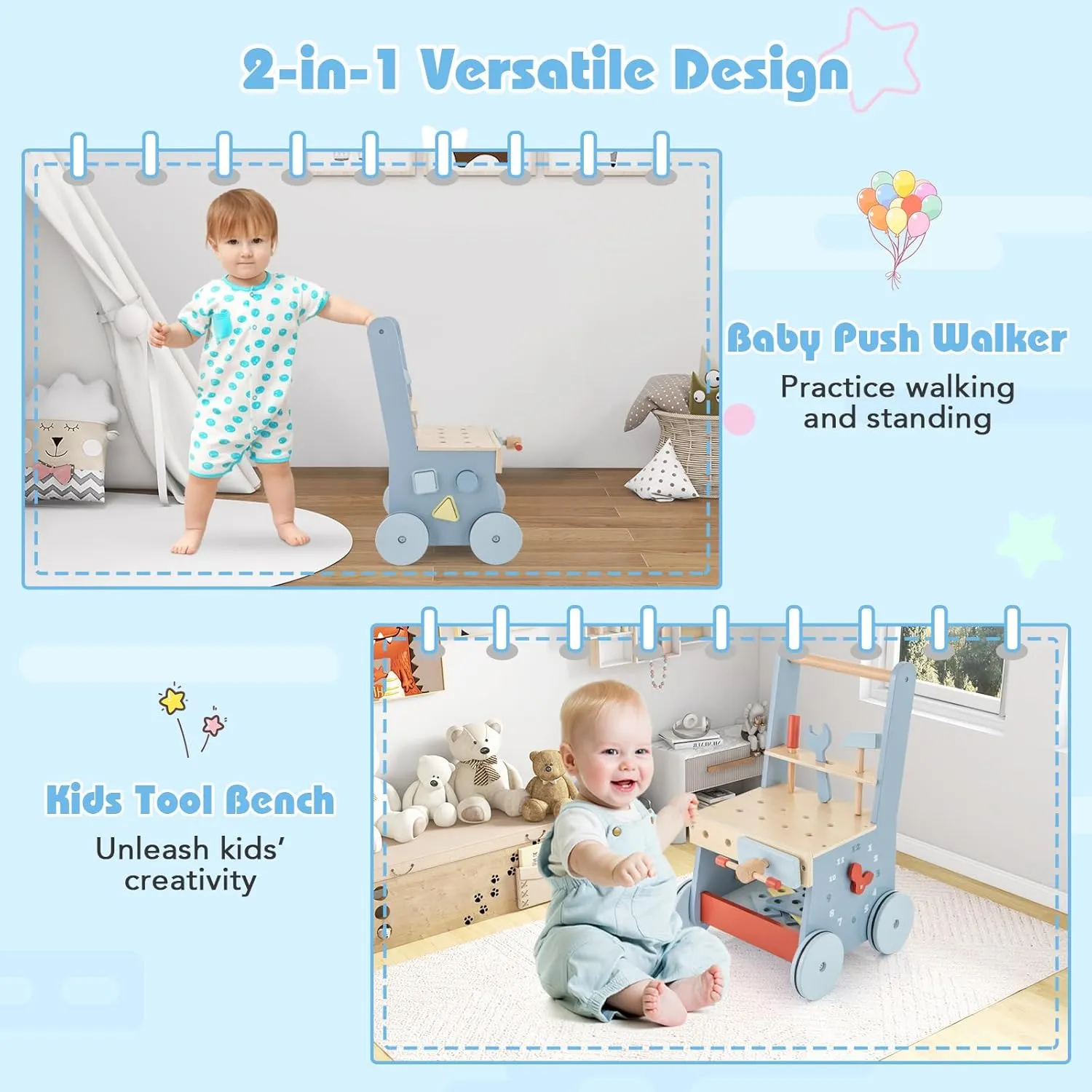 HONEY JOY Baby Push Walker, Wooden Toy Tool Bench & Activity Walker w/Shape Sorter, Develop Motor Skills & Creativity, Push Toys for Babies Learning to Walk, Gift for Boys and Girls, Blue