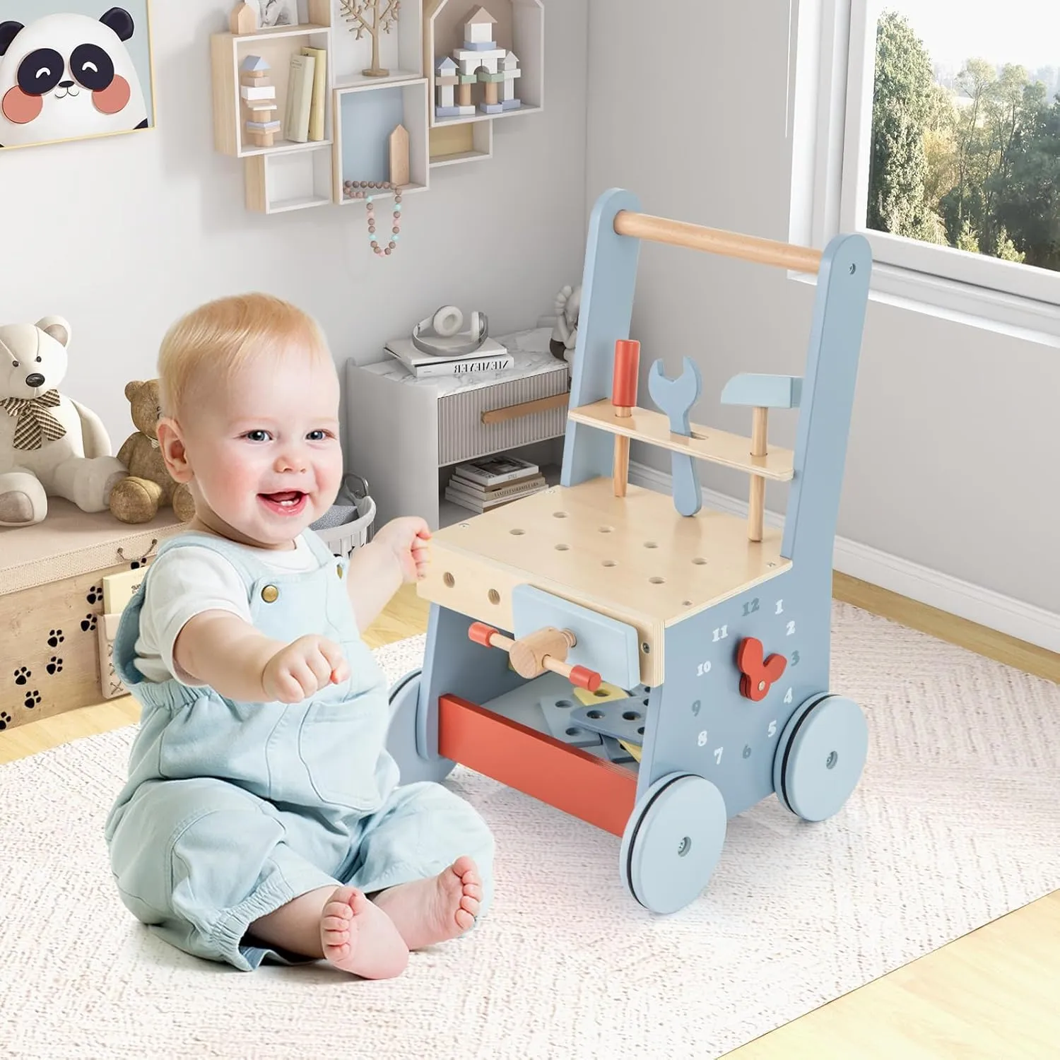 HONEY JOY Baby Push Walker, Wooden Toy Tool Bench & Activity Walker w/Shape Sorter, Develop Motor Skills & Creativity, Push Toys for Babies Learning to Walk, Gift for Boys and Girls, Blue