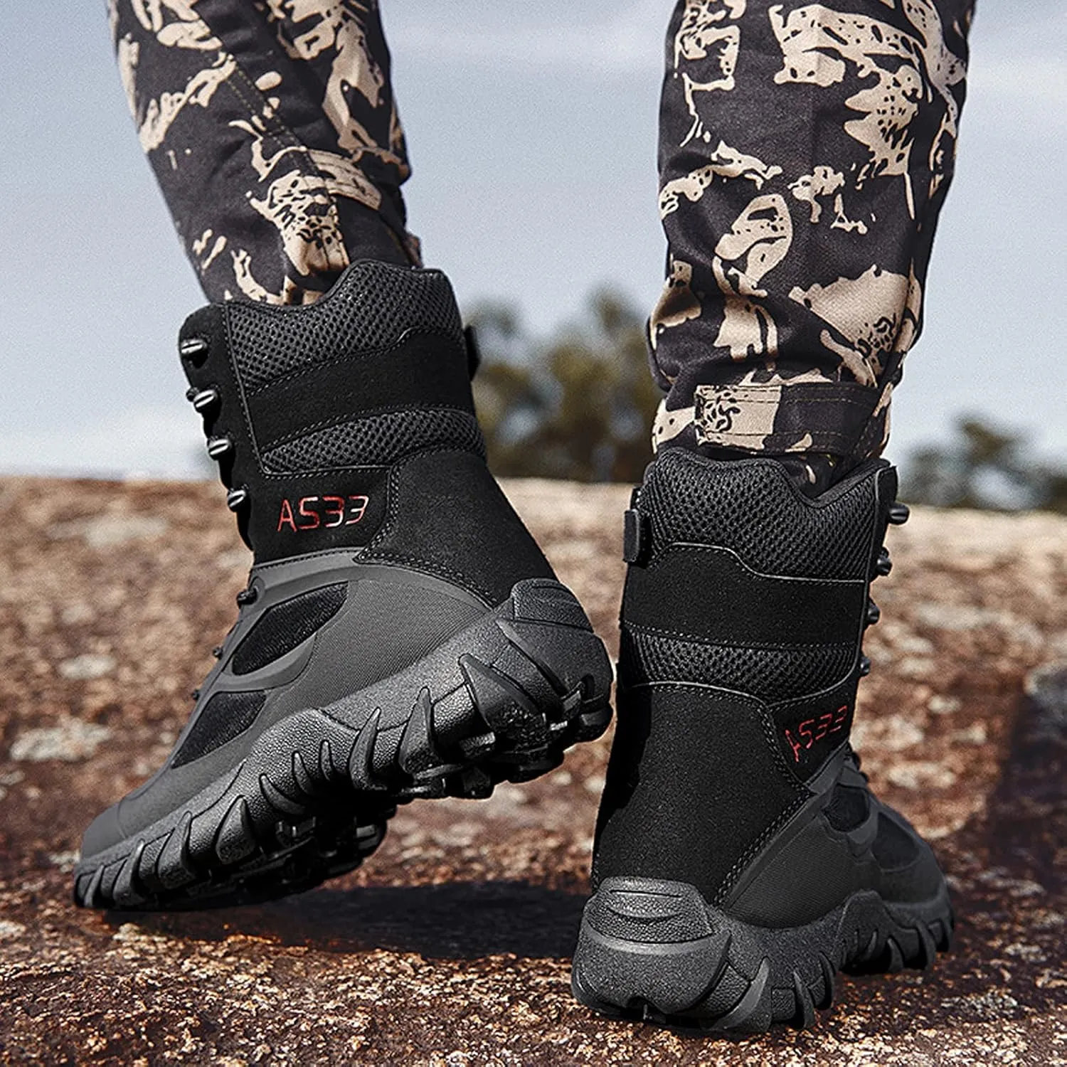 hongrenamz Men's Hiking Boots Waterproof High Top Outdoor Walking Lace Up Anti-Slip Breathable Ankle Boots Casual Camping Trekking Shoes Black-EU44/US10