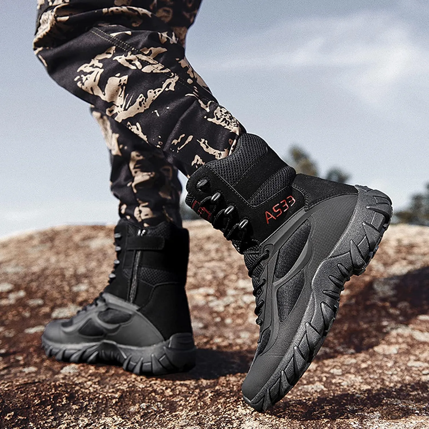 hongrenamz Men's Hiking Boots Waterproof High Top Outdoor Walking Lace Up Anti-Slip Breathable Ankle Boots Casual Camping Trekking Shoes Black-EU44/US10