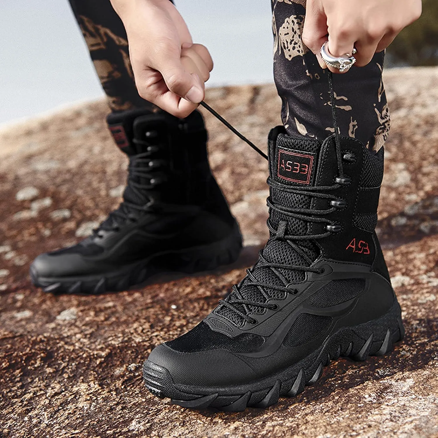 hongrenamz Men's Hiking Boots Waterproof High Top Outdoor Walking Lace Up Anti-Slip Breathable Ankle Boots Casual Camping Trekking Shoes Black-EU44/US10