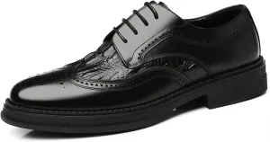 HOOENG Formal Oxford Shoes for Men Lace Up Derby Shoes Brogue Embossed Wing Tip Crocodile Embossed Leather Anti-Slip Non Slip Low Top Rubber Sole Business (Color : Black, Size : 6.5)