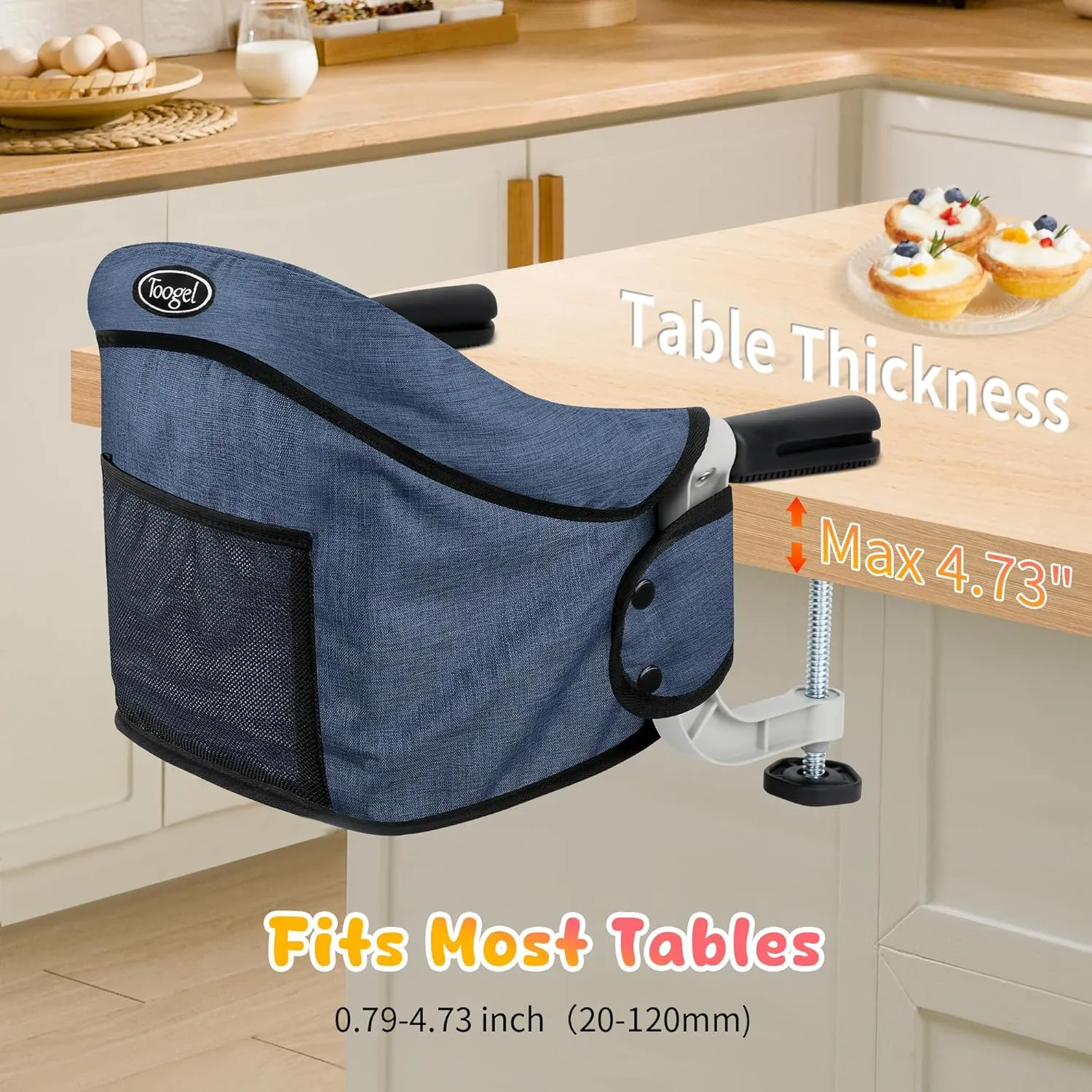 Hook On Chair, Clip on High Chair, Fold-Flat Storage Portable Baby Feeding Seat, High Load Design, Attach to Fast Table Chair Removable Seat for Home and Travel(Navy Blue)