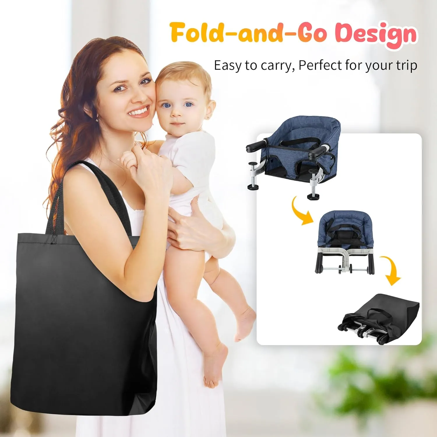 Hook On Chair, Clip on High Chair, Fold-Flat Storage Portable Baby Feeding Seat, High Load Design, Attach to Fast Table Chair Removable Seat for Home and Travel(Navy Blue)