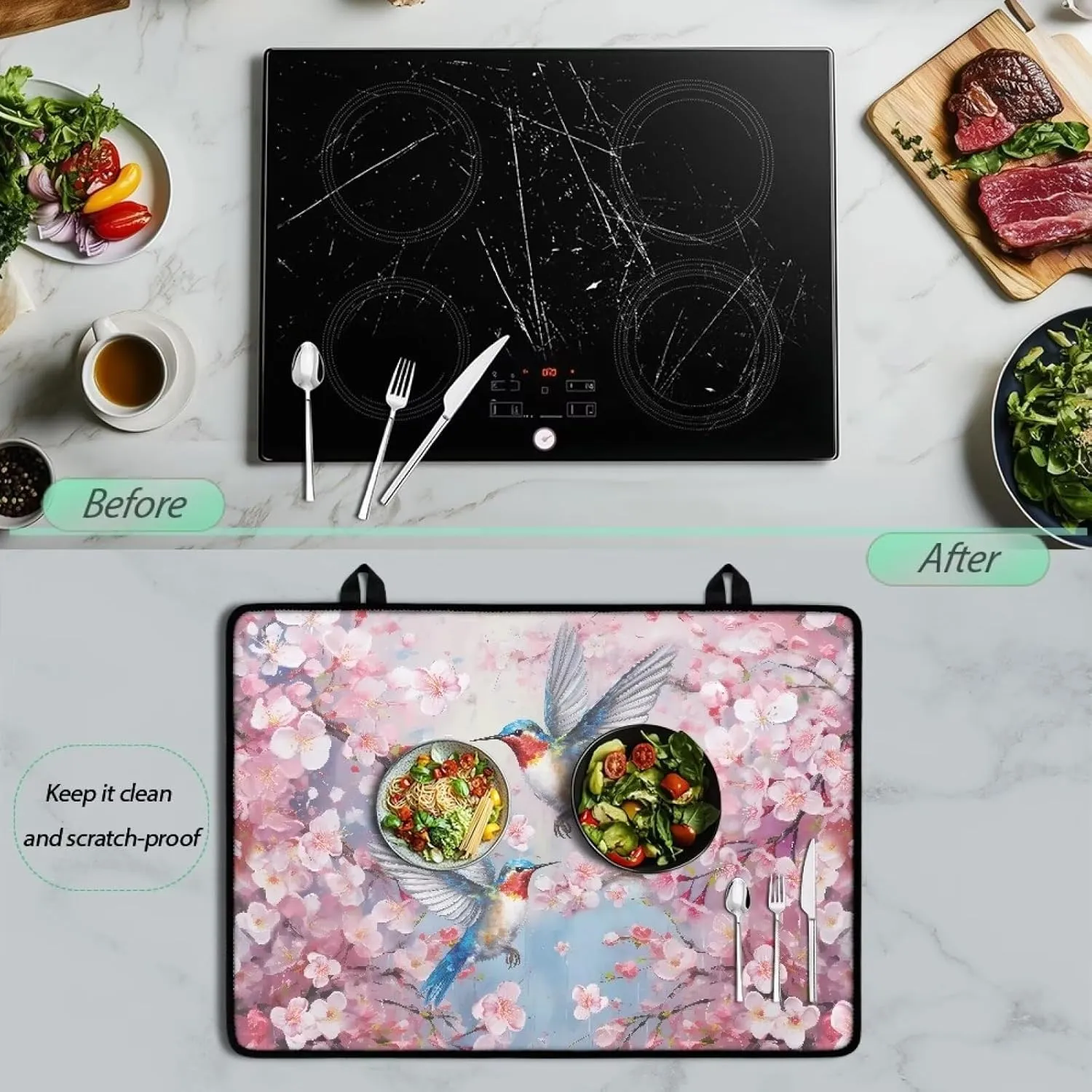 Hummingbird Spring Floral Heat Resistant Rubber Mat for Glass Stove Top Protector, Foldable Oven Cover for Electric Stove