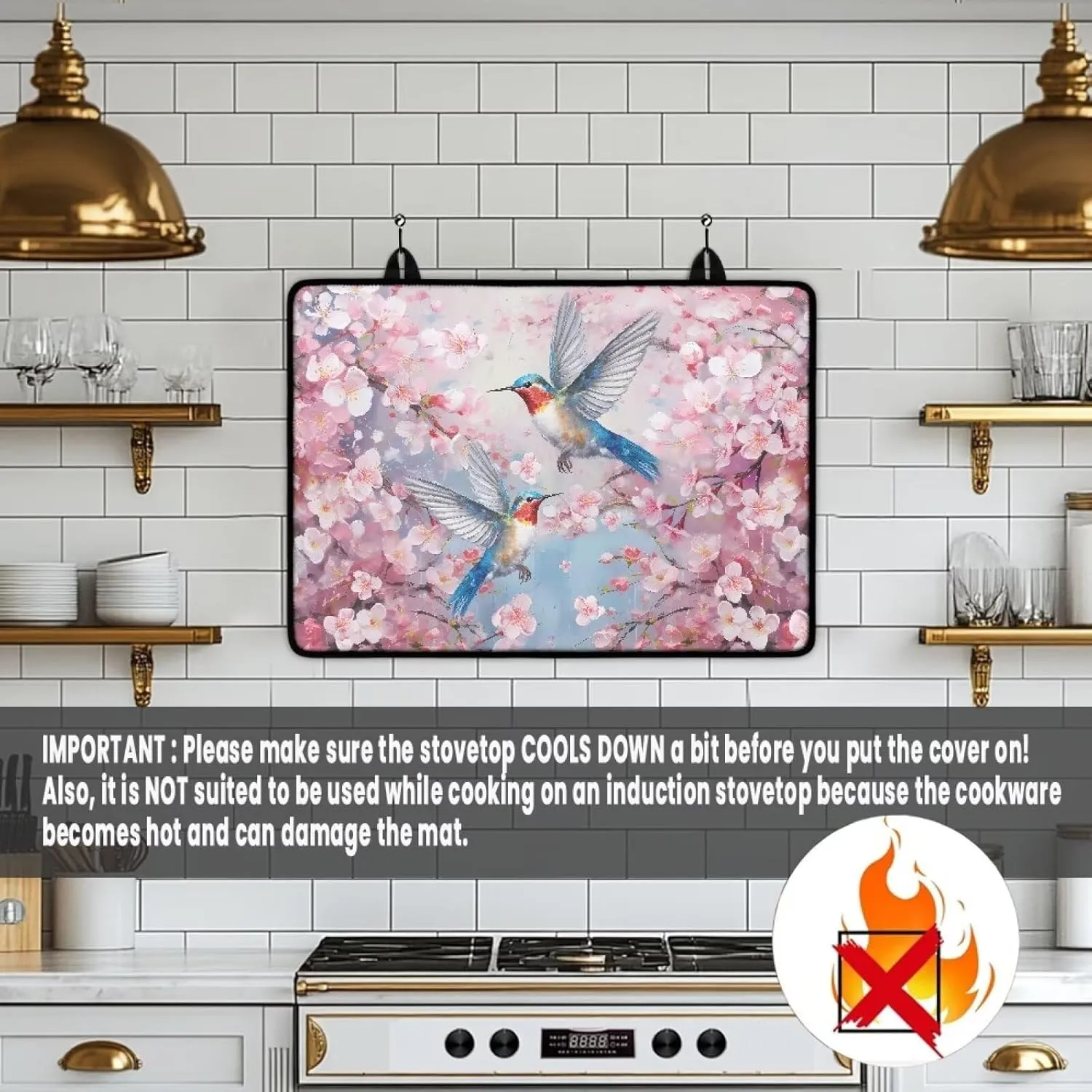 Hummingbird Spring Floral Heat Resistant Rubber Mat for Glass Stove Top Protector, Foldable Oven Cover for Electric Stove