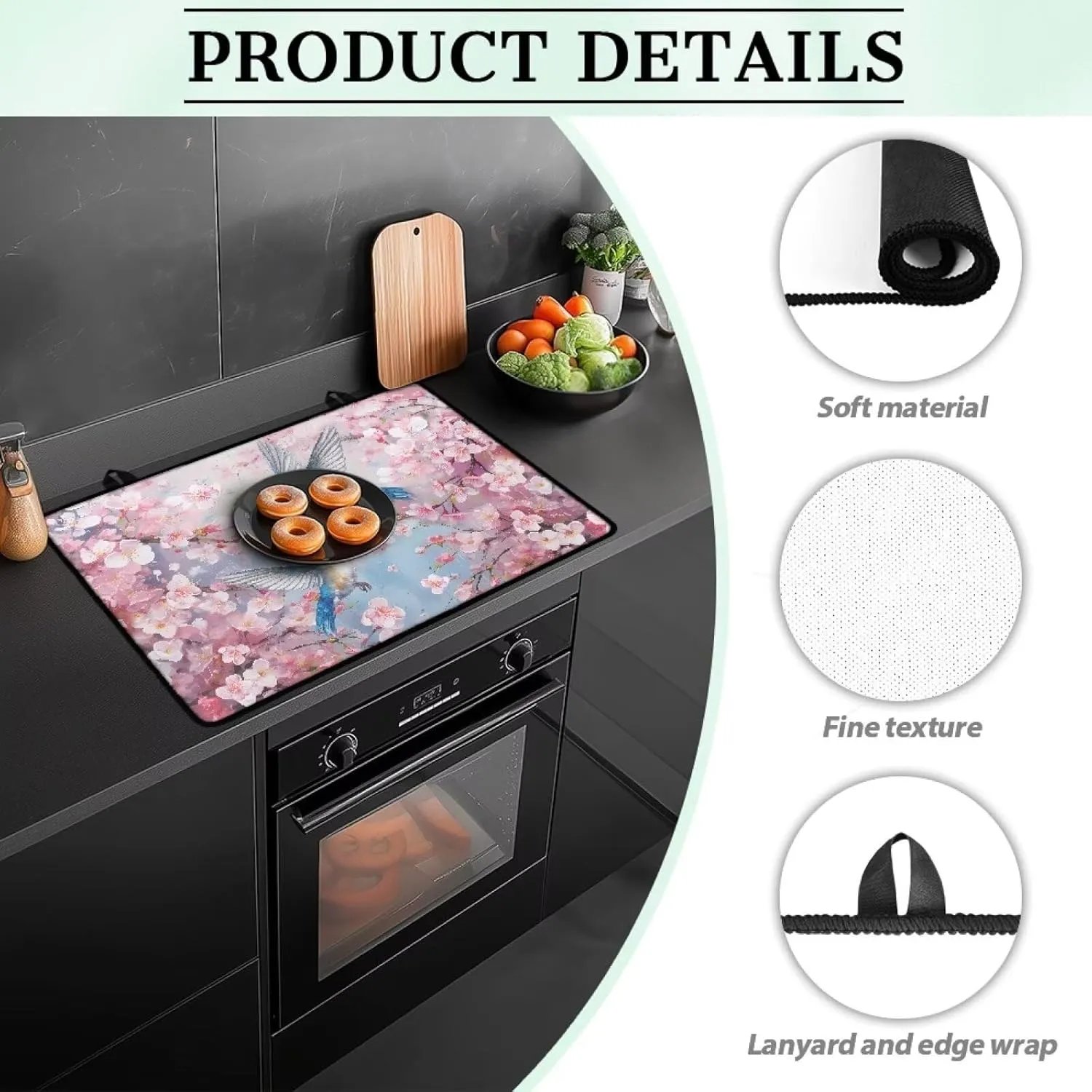 Hummingbird Spring Floral Heat Resistant Rubber Mat for Glass Stove Top Protector, Foldable Oven Cover for Electric Stove