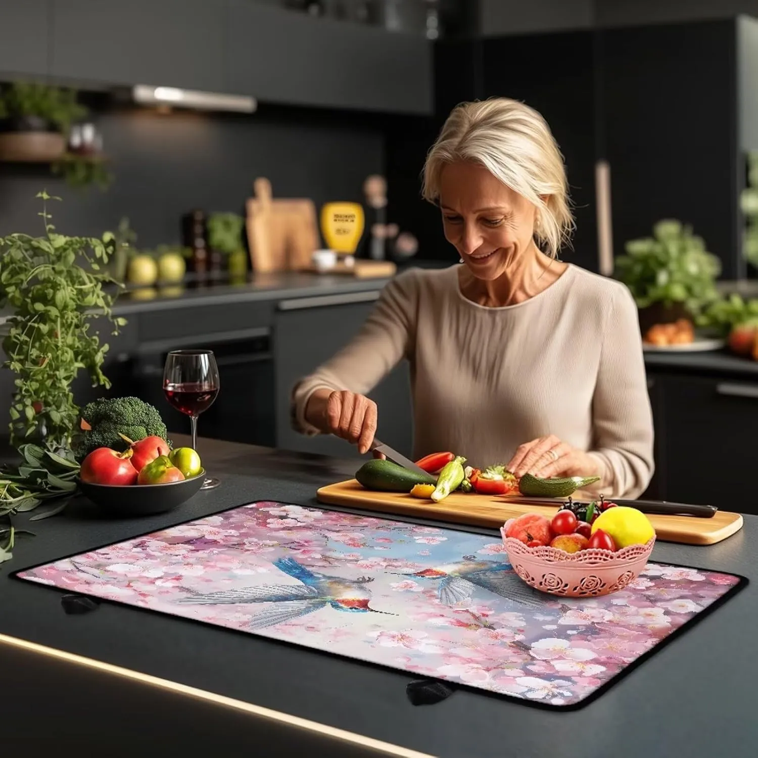 Hummingbird Spring Floral Heat Resistant Rubber Mat for Glass Stove Top Protector, Foldable Oven Cover for Electric Stove
