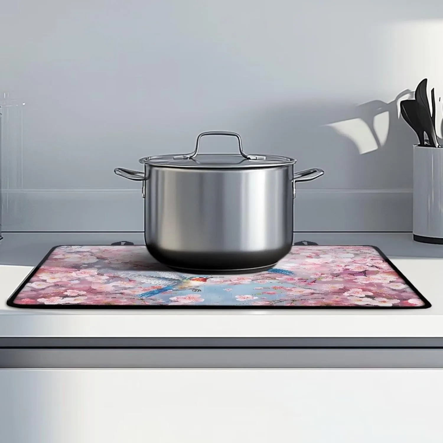 Hummingbird Spring Floral Heat Resistant Rubber Mat for Glass Stove Top Protector, Foldable Oven Cover for Electric Stove