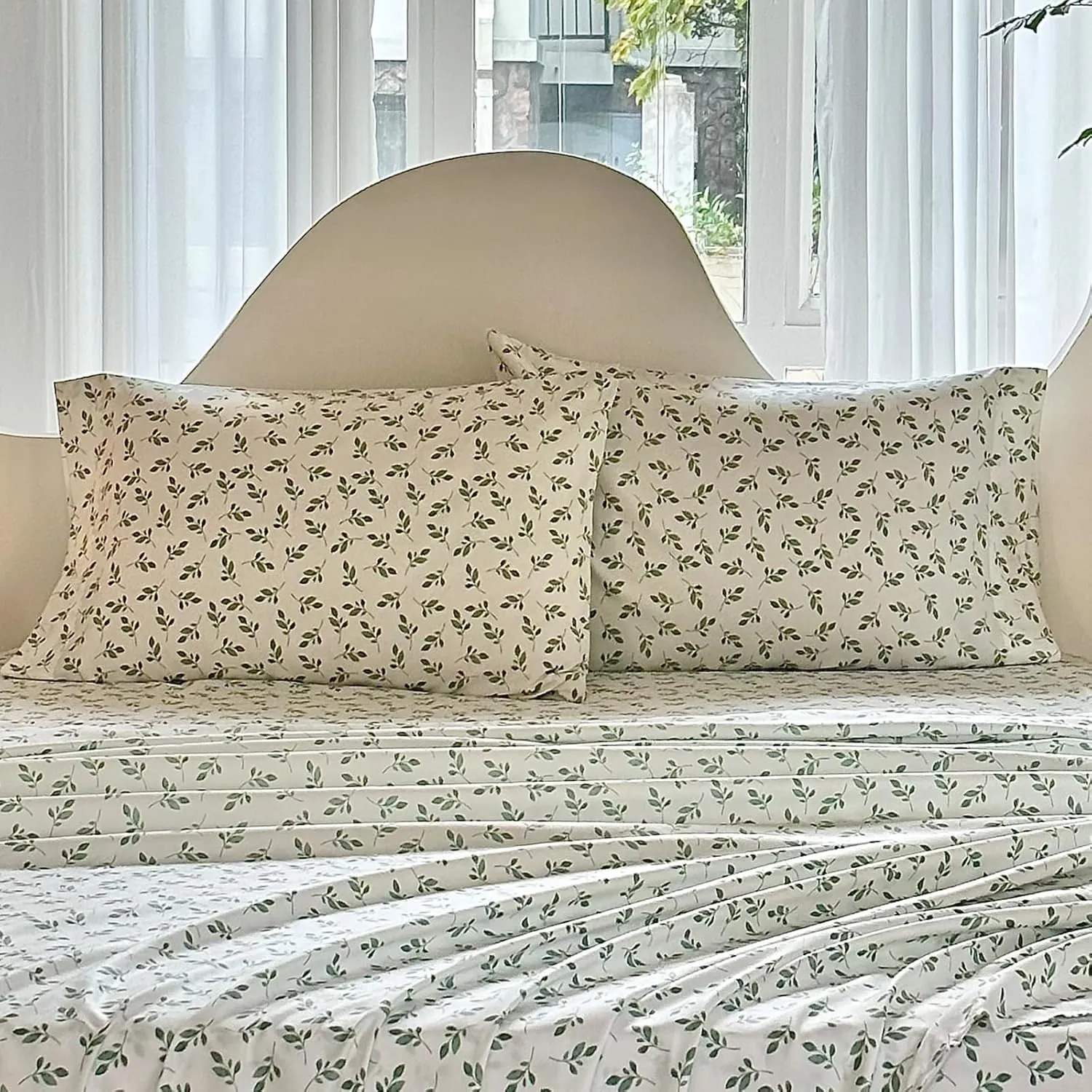 HYPREST Green Leaf Sheets King, Deep Pocket Sheets, 1800 Thread Count Leaf Bed Sheets Soft Breathable Cute Aesthetic Shabby Chic Bed Sheets, Oeko-Tex Certificated- Up to 18 Inch