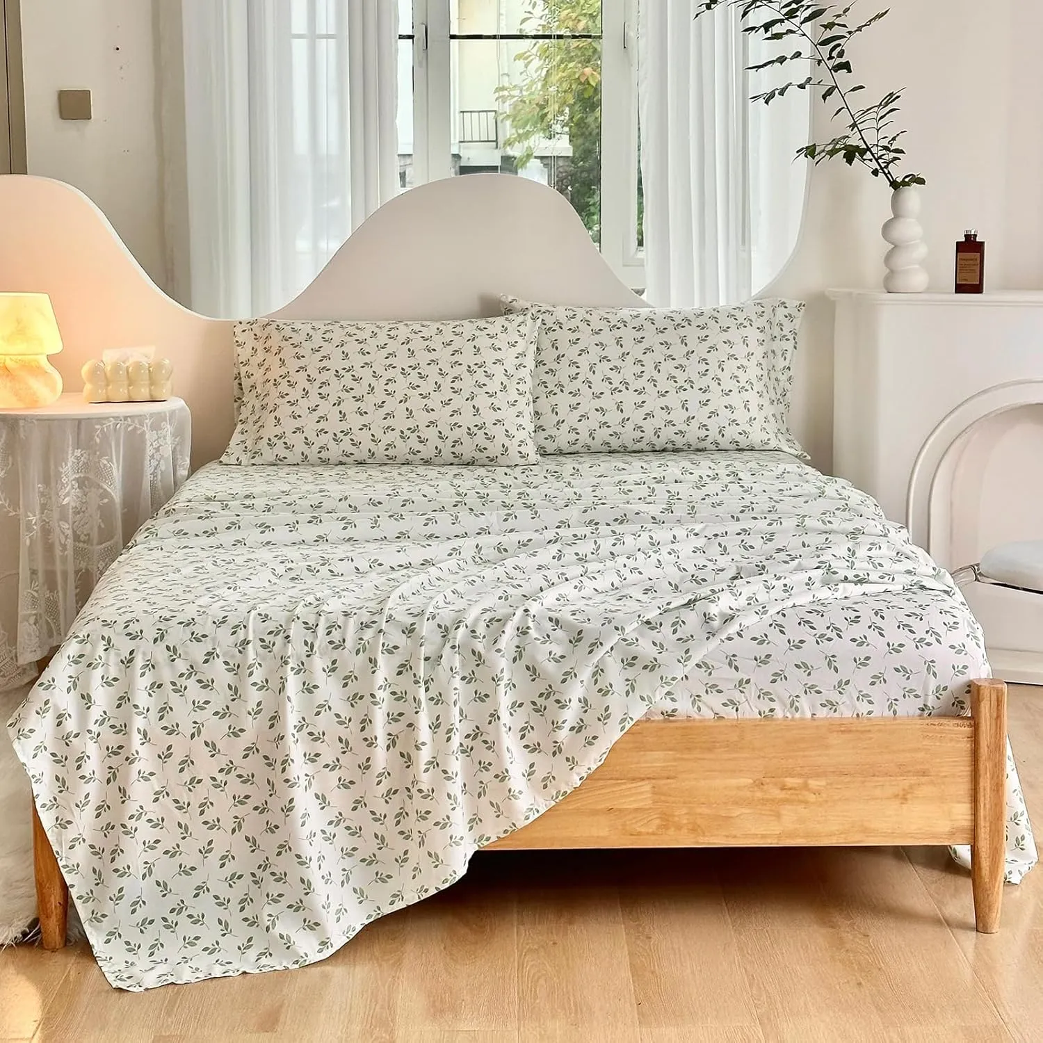 HYPREST Green Leaf Sheets King, Deep Pocket Sheets, 1800 Thread Count Leaf Bed Sheets Soft Breathable Cute Aesthetic Shabby Chic Bed Sheets, Oeko-Tex Certificated- Up to 18 Inch