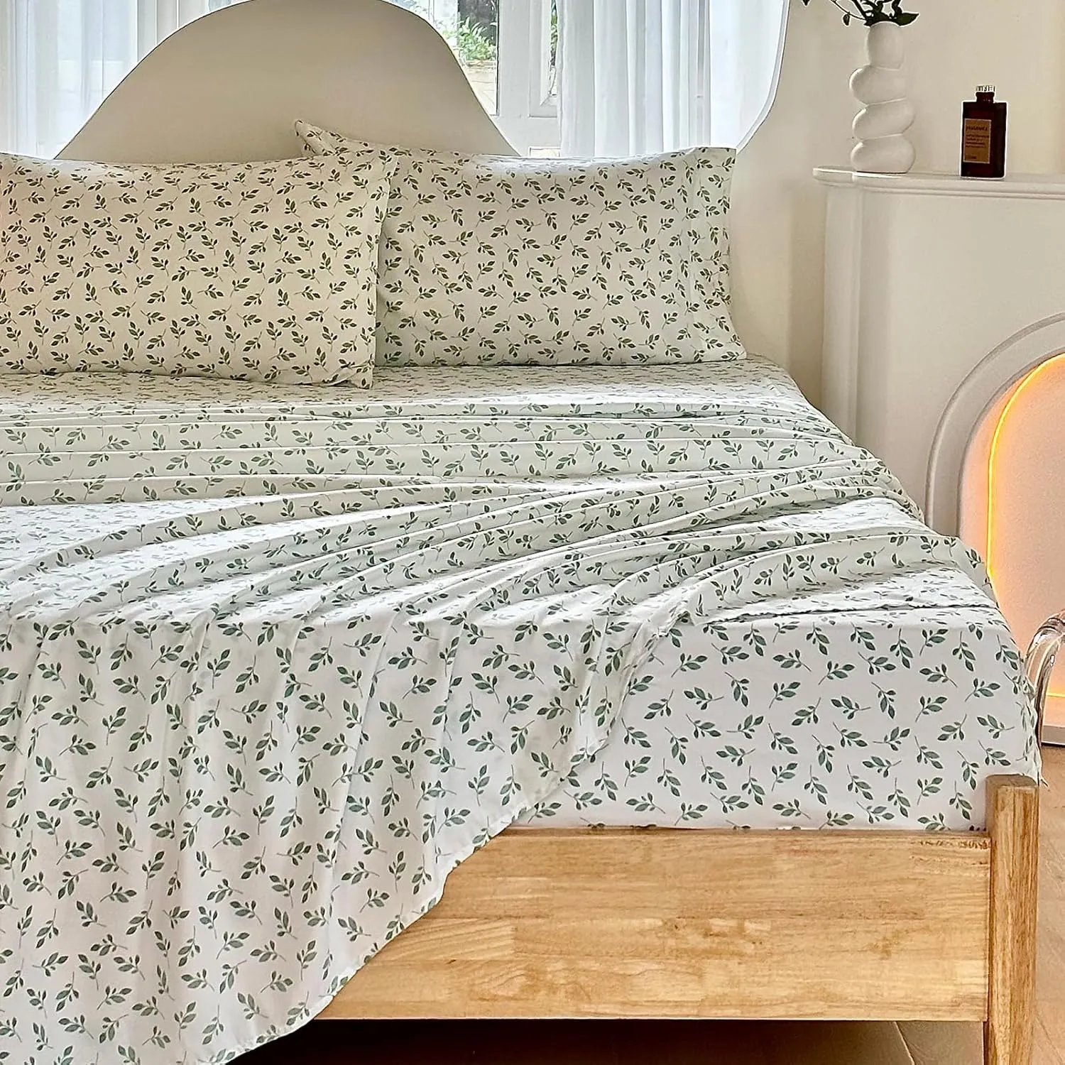 HYPREST Green Leaf Sheets King, Deep Pocket Sheets, 1800 Thread Count Leaf Bed Sheets Soft Breathable Cute Aesthetic Shabby Chic Bed Sheets, Oeko-Tex Certificated- Up to 18 Inch