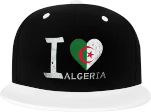 I Love Algeria - Heart Flag Color-Block Flat Brim Snapback Cap for Men & Women, Adjustable Hip-Hop Hat White