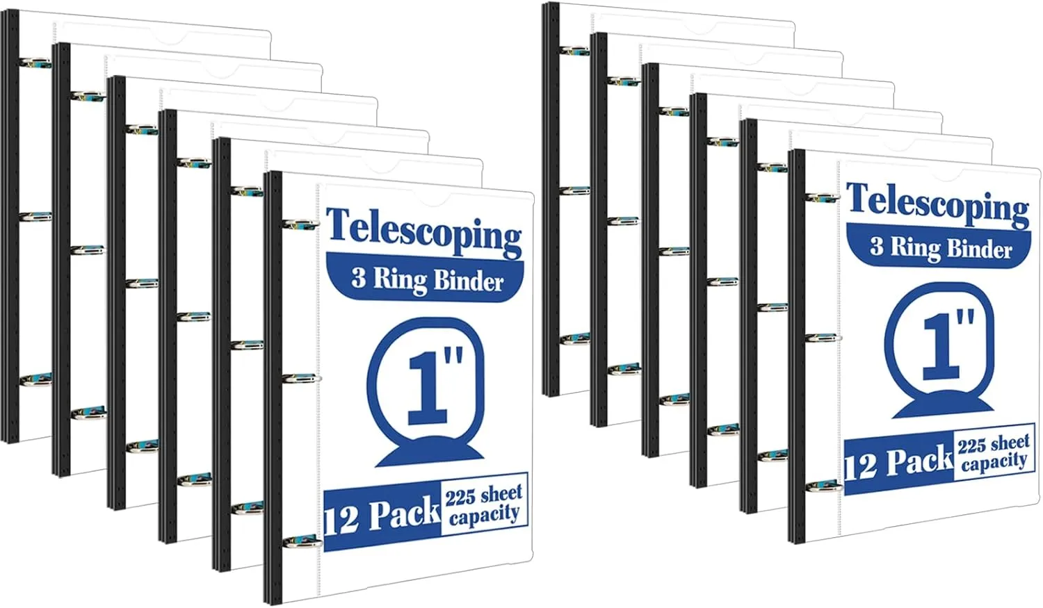 INFUN 1 Inch Telescoping 3 Ring Binder -12 PCS-White, Flexible Binders with Customizable Front Cover and Clear Catalog Pocket, 1Inch Rings, 225 Sheet Capacity