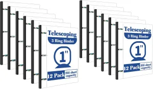 INFUN 1 Inch Telescoping 3 Ring Binder -12 PCS-White, Flexible Binders with Customizable Front Cover and Clear Catalog Pocket, 1Inch Rings, 225 Sheet Capacity
