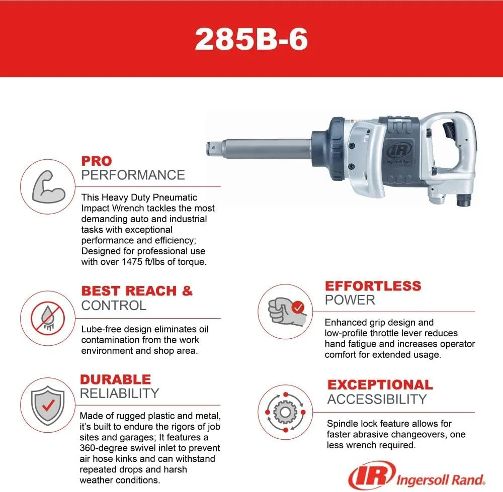 Ingersoll Rand 285B-6 1-Inch Cordless Pneumatic Impact Wrench with 6-Inch Extended Anvil and 2 Handles