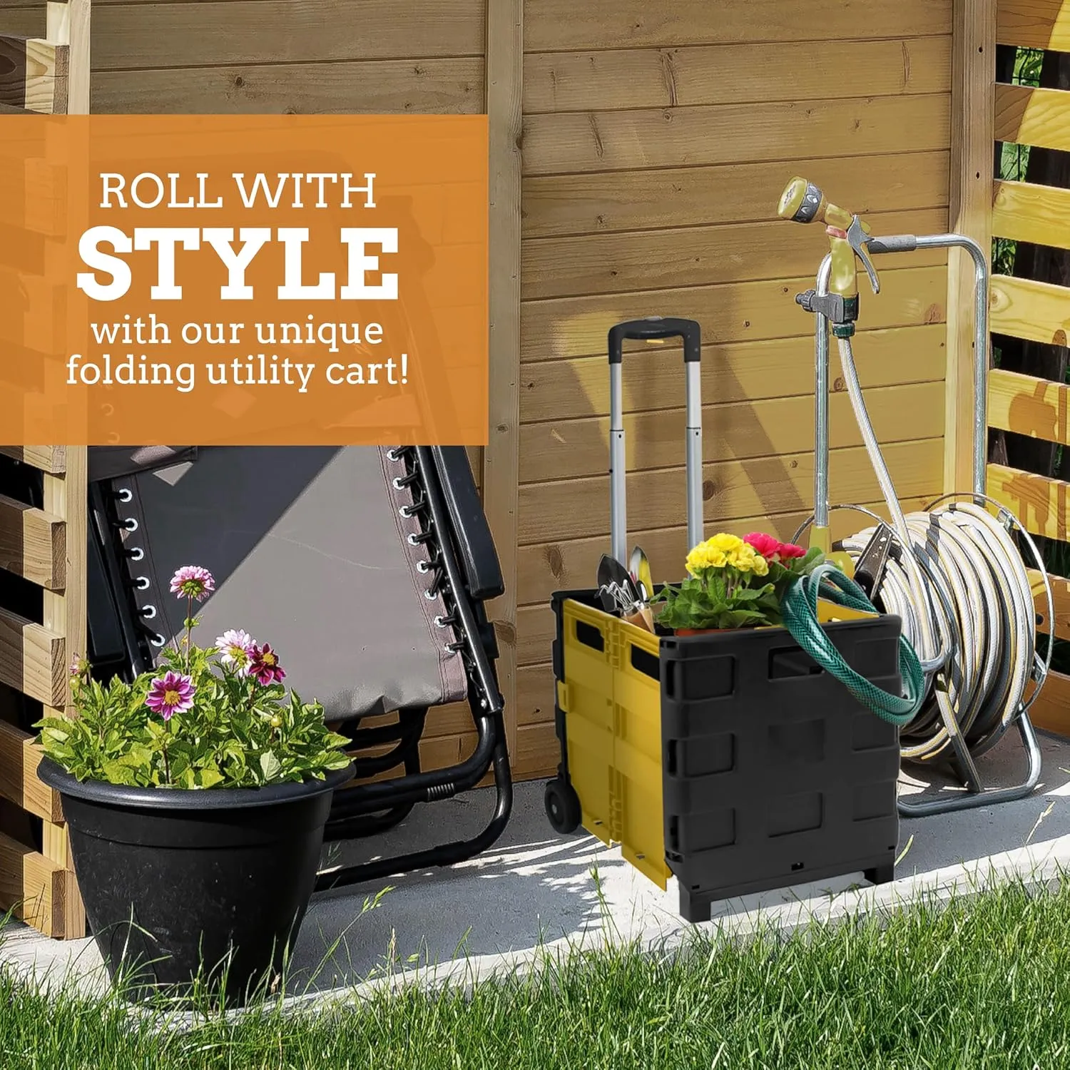 Inspired Living Ultra-Slim Rolling Collapsible Storage Pack-N-Roll Utility-carts, with Telescopic Handle, for Home, Garden, Shopping, Office, School use, Medium, Yellow & Black