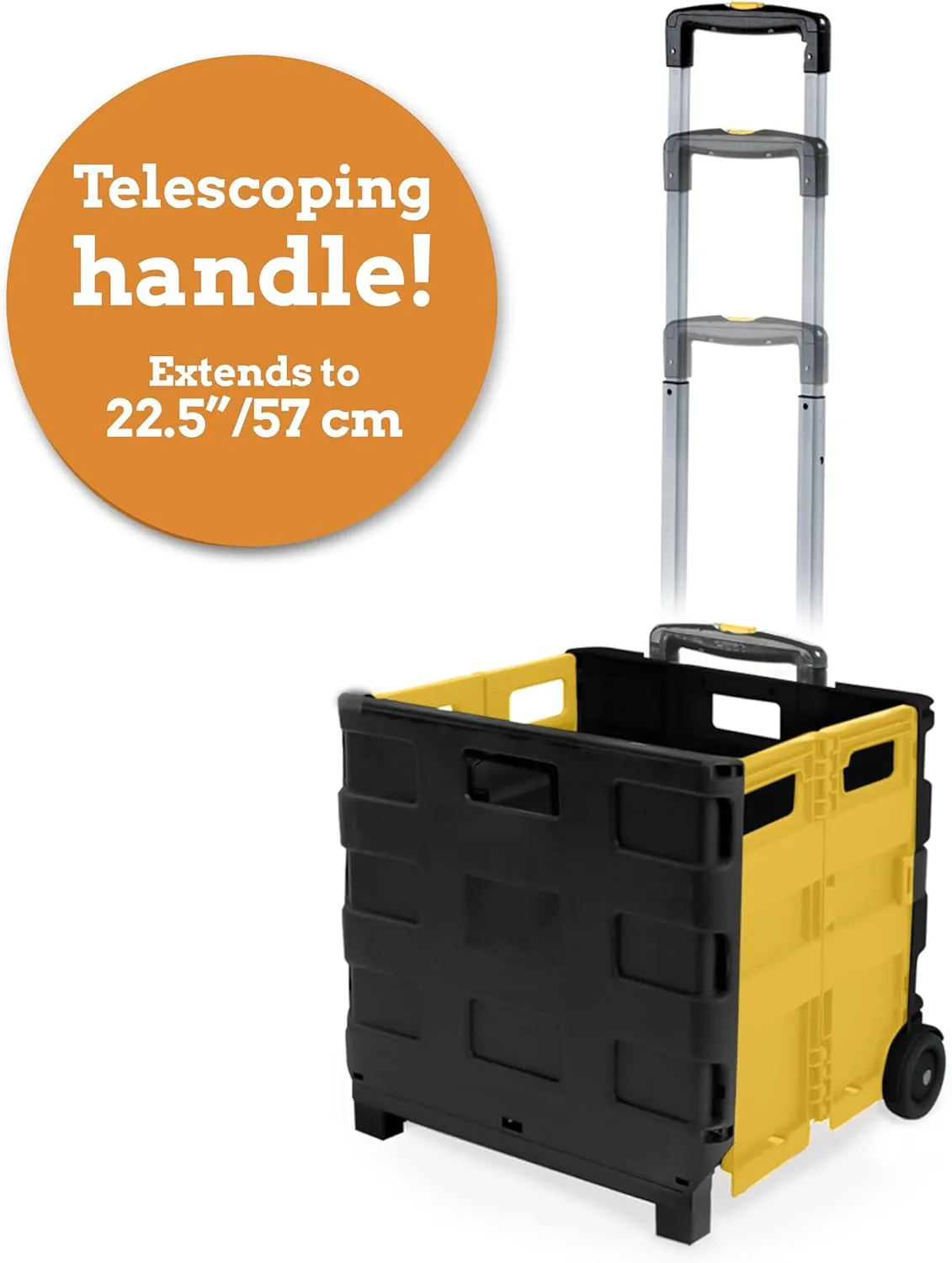 Inspired Living Ultra-Slim Rolling Collapsible Storage Pack-N-Roll Utility-carts, with Telescopic Handle, for Home, Garden, Shopping, Office, School use, Medium, Yellow & Black