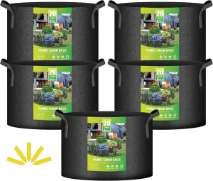 iPower 5-Pack 20 Gallon Plant Grow Bags Thickened Nonwoven Aeration Fabric Pots Heavy Duty Durable Container, Strap Handles for Garden, Black New