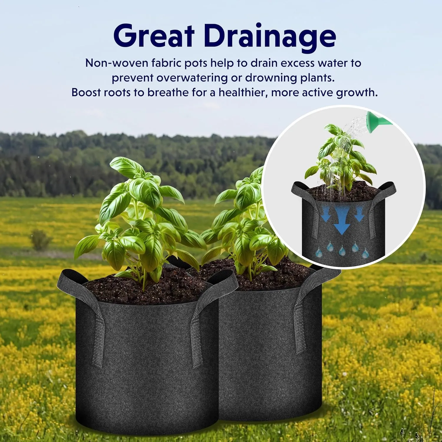 iPower 5-Pack 20 Gallon Plant Grow Bags Thickened Nonwoven Aeration Fabric Pots Heavy Duty Durable Container, Strap Handles for Garden, Black New