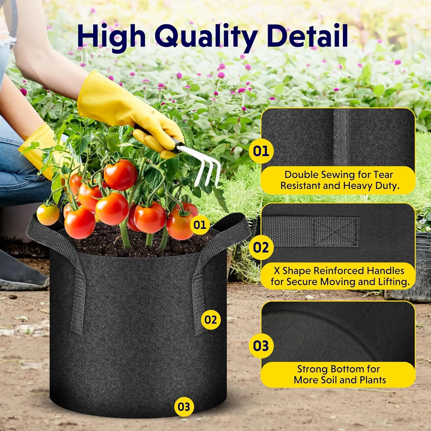 iPower 5-Pack 20 Gallon Plant Grow Bags Thickened Nonwoven Aeration Fabric Pots Heavy Duty Durable Container, Strap Handles for Garden, Black New