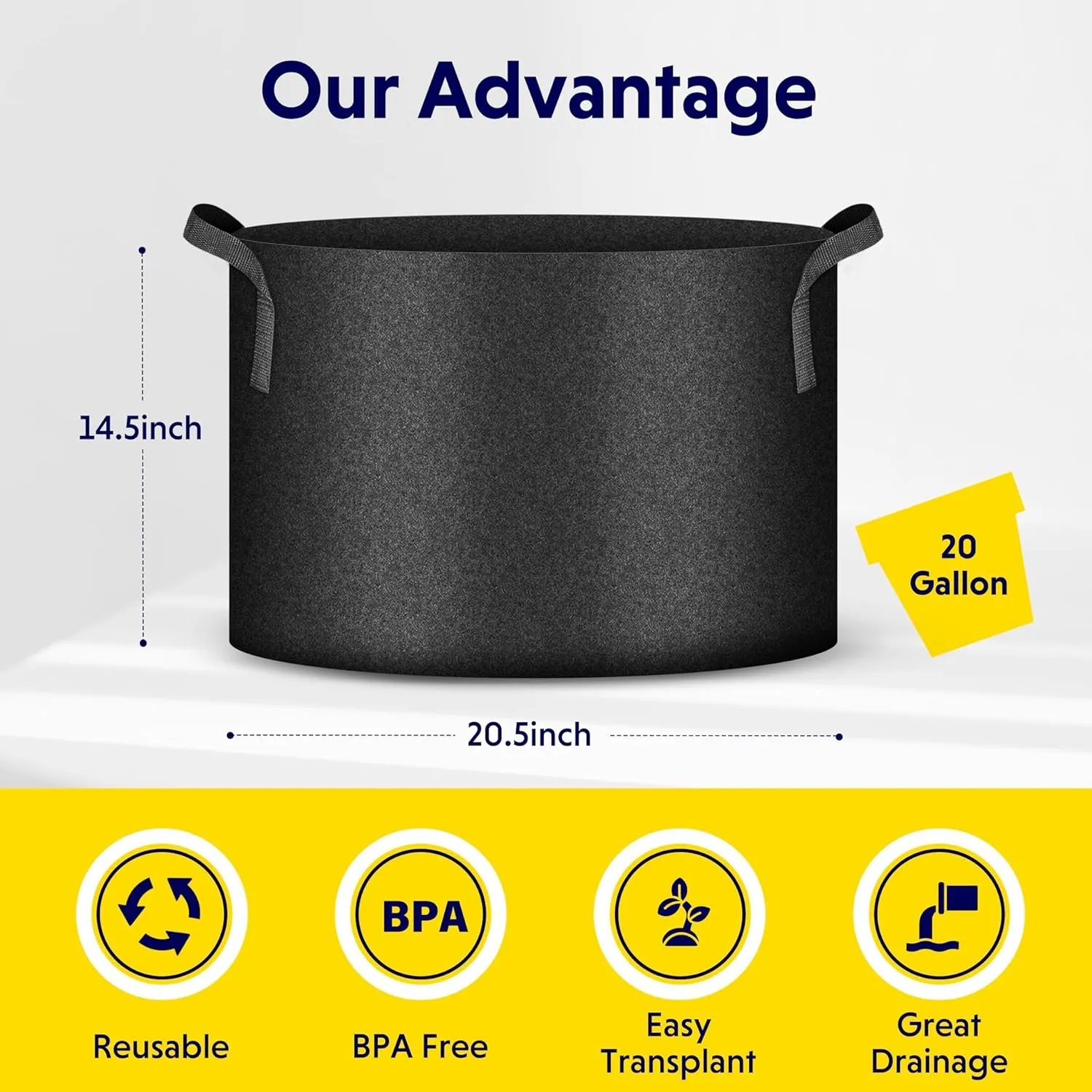 iPower 5-Pack 20 Gallon Plant Grow Bags Thickened Nonwoven Aeration Fabric Pots Heavy Duty Durable Container, Strap Handles for Garden, Black New