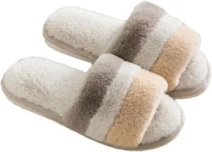 JadeRich Women's Fuzzy Open Toe Plush Slippers Colorblock Cozy Breathable Faux Fur Flat Slides Furry Slide Sandals