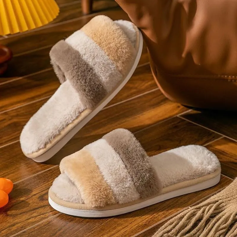 JadeRich Women's Fuzzy Open Toe Plush Slippers Colorblock Cozy Breathable Faux Fur Flat Slides Furry Slide Sandals
