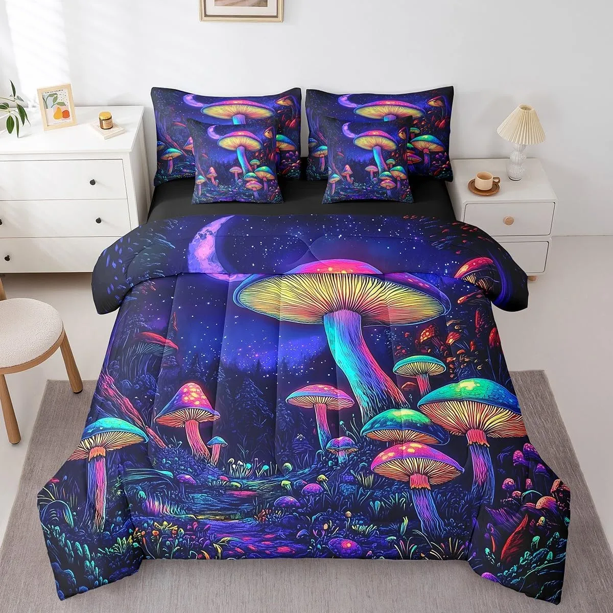jejeloiu Cute Mushroom Comforter Set with Sheets Twin Size Kids Cartoon Mushrooms 7 Pieces Bedding Set for Boys Girls Teens Kawaii Fungus Decor Bed in a Bag Breathable Starry Night Sky Bedroom Decor