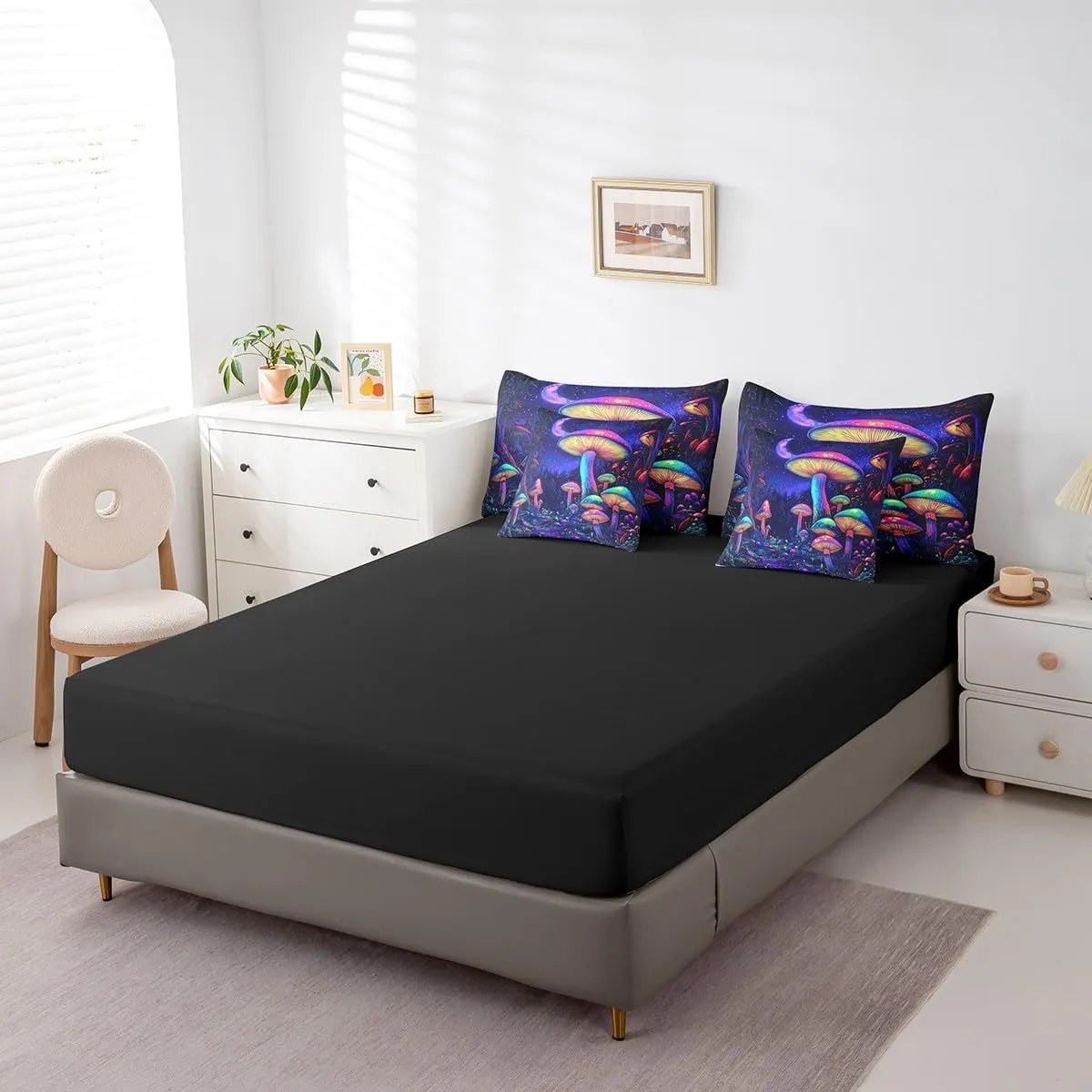 jejeloiu Cute Mushroom Comforter Set with Sheets Twin Size Kids Cartoon Mushrooms 7 Pieces Bedding Set for Boys Girls Teens Kawaii Fungus Decor Bed in a Bag Breathable Starry Night Sky Bedroom Decor