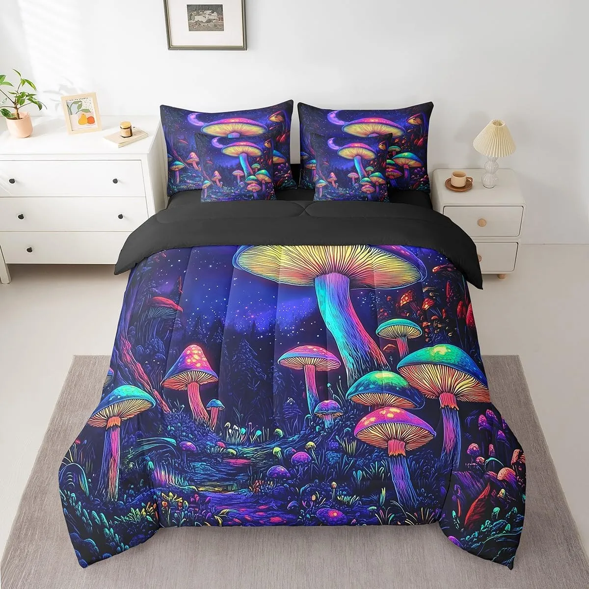 jejeloiu Cute Mushroom Comforter Set with Sheets Twin Size Kids Cartoon Mushrooms 7 Pieces Bedding Set for Boys Girls Teens Kawaii Fungus Decor Bed in a Bag Breathable Starry Night Sky Bedroom Decor
