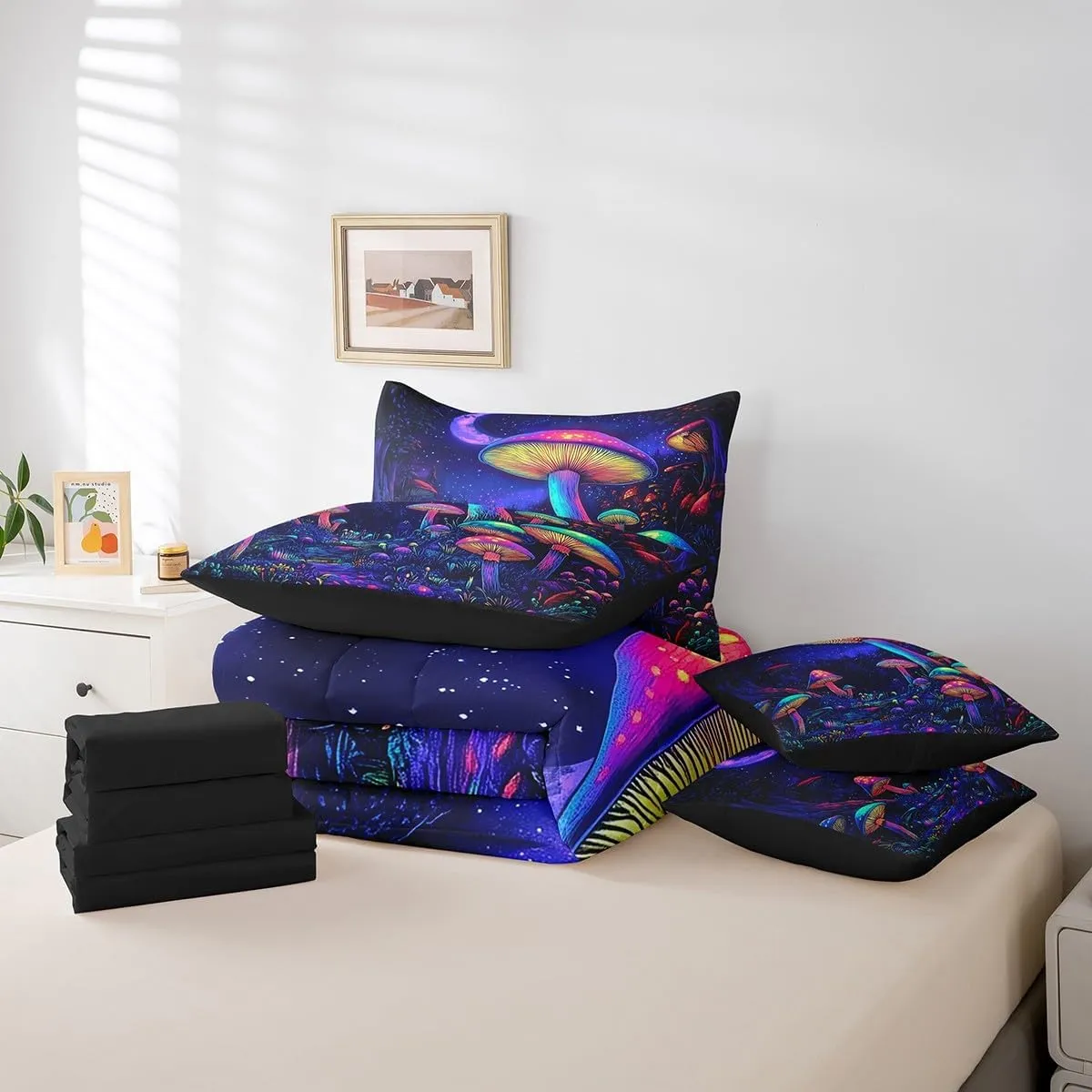 jejeloiu Cute Mushroom Comforter Set with Sheets Twin Size Kids Cartoon Mushrooms 7 Pieces Bedding Set for Boys Girls Teens Kawaii Fungus Decor Bed in a Bag Breathable Starry Night Sky Bedroom Decor