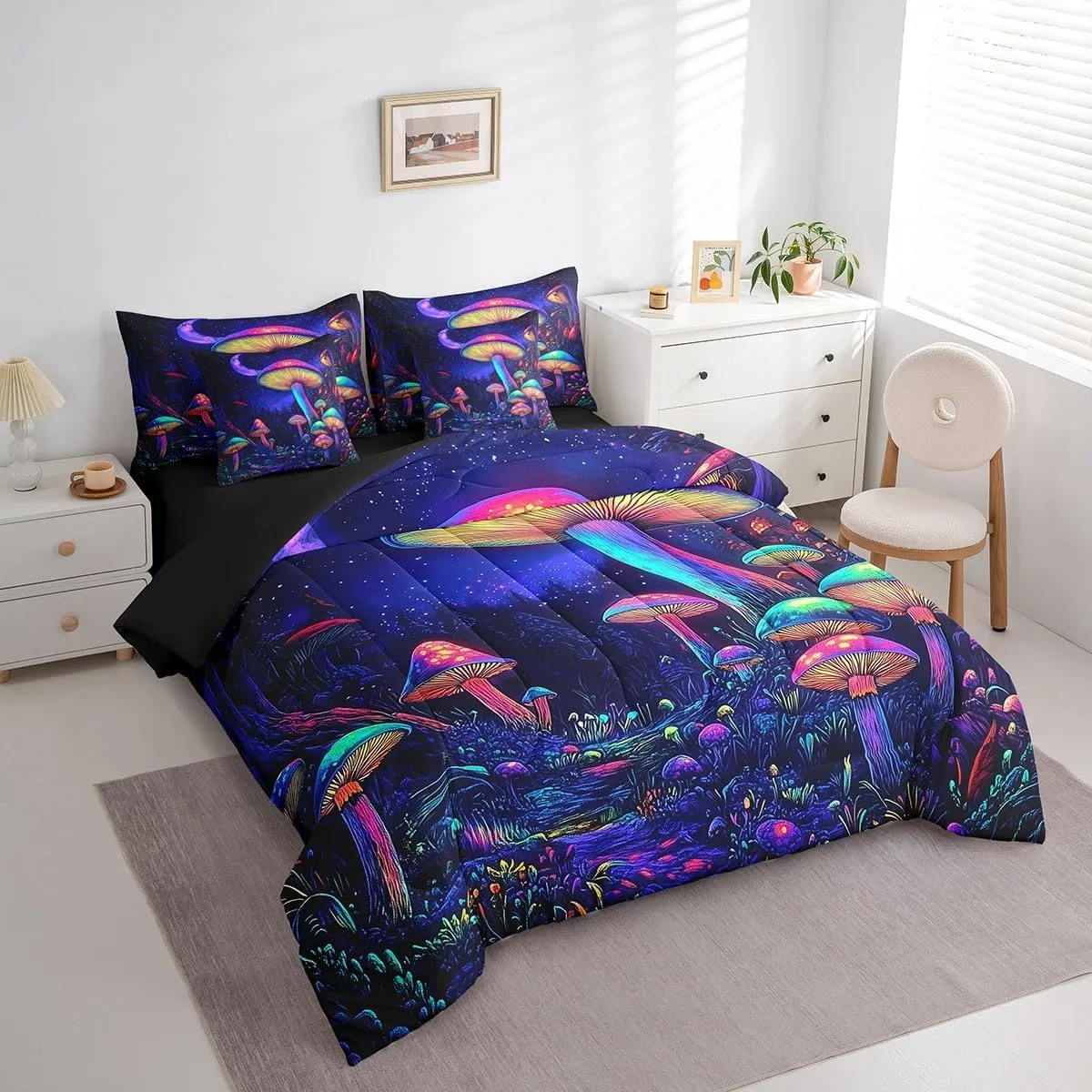 jejeloiu Cute Mushroom Comforter Set with Sheets Twin Size Kids Cartoon Mushrooms 7 Pieces Bedding Set for Boys Girls Teens Kawaii Fungus Decor Bed in a Bag Breathable Starry Night Sky Bedroom Decor