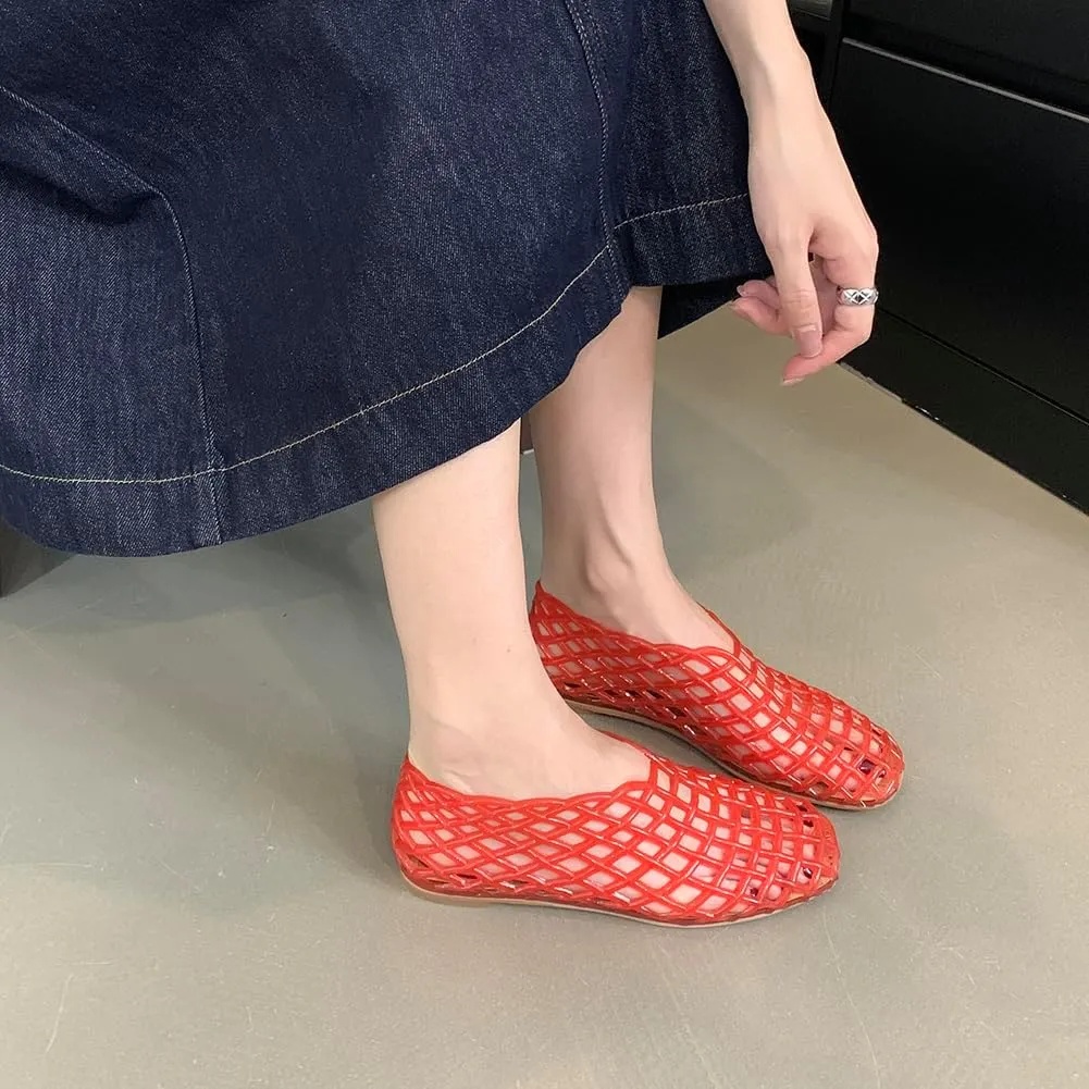 Jelly Mesh Ballet Flats for Women Jelly Shoes Women 2025 Newly Adult Clear Hollow Jelly Flat Sandals Lightweight Breathable Summer Beach Ballerina